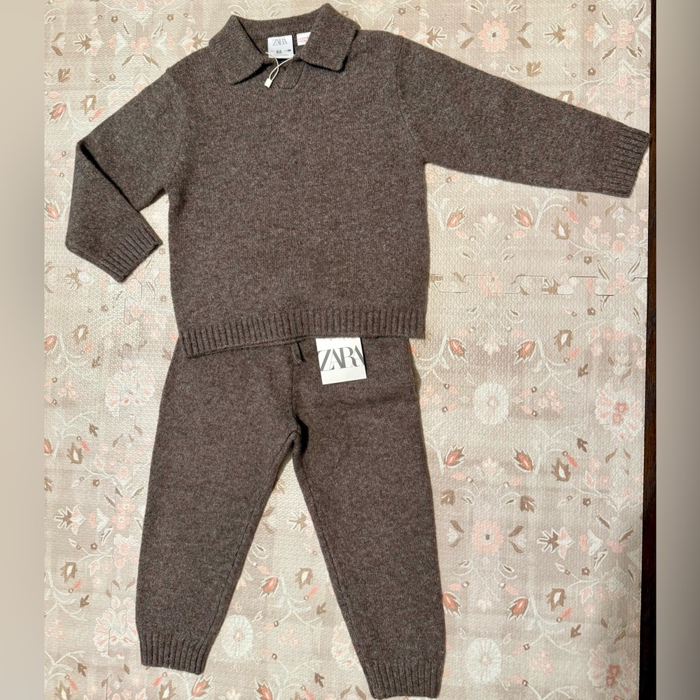 Zara Kids Unisex Chocolate Knit Sweater and Pants Set Toddler Size 2-3y NWT